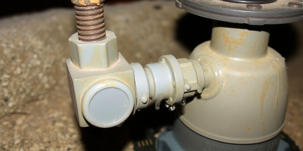 Close-up of a faulty check valve beside a sump pump.