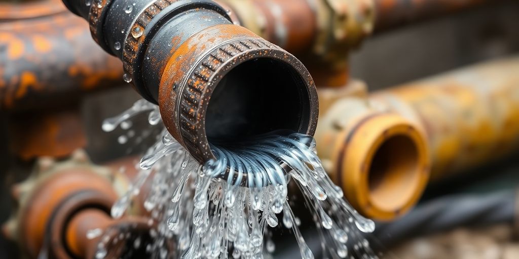 Hydro jetting nozzle cleaning old, corroded pipes with water.