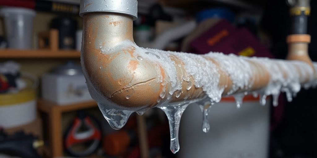 Frozen pipe with icicles in a cluttered garage.