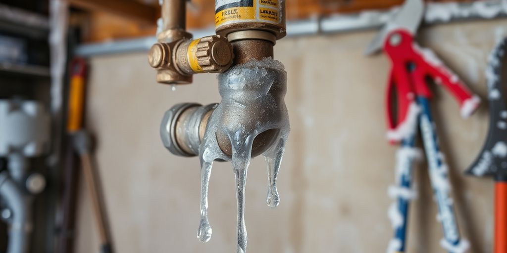 Frozen garage pipe with icicles and frost nearby.