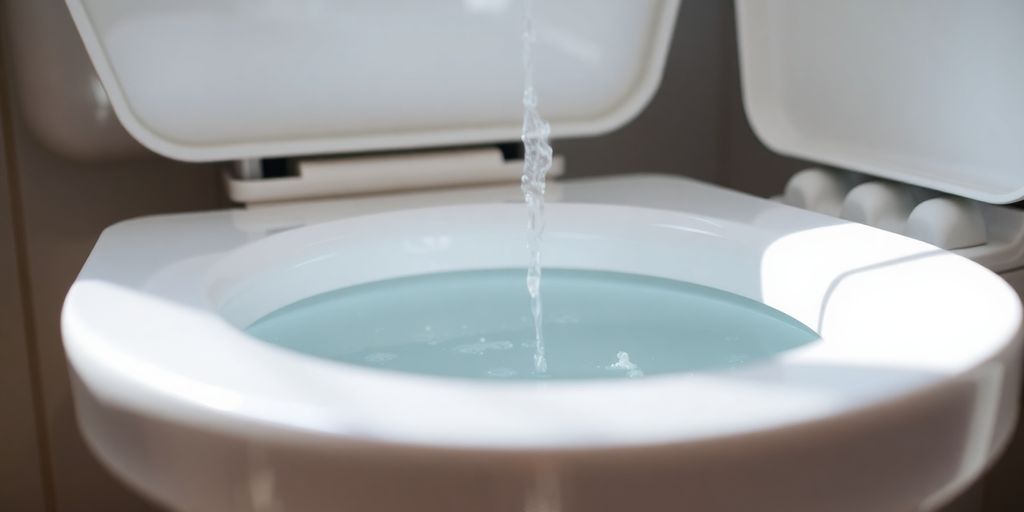 Close-up of toilet tank with water flowing.