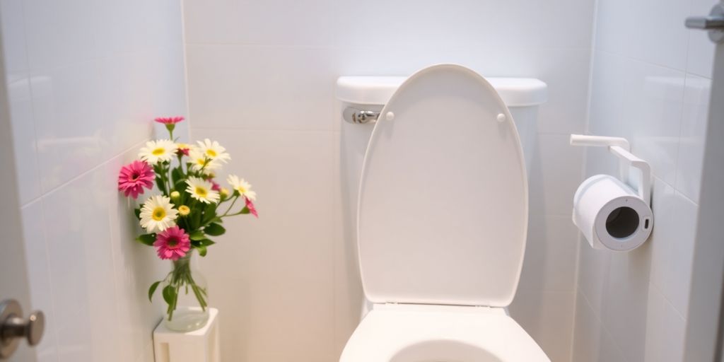 Bright bathroom with a clean toilet and fresh decor.