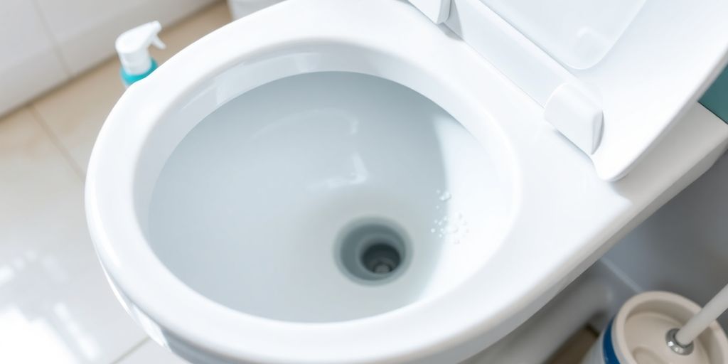 Clean toilet bowl in bright bathroom setting.