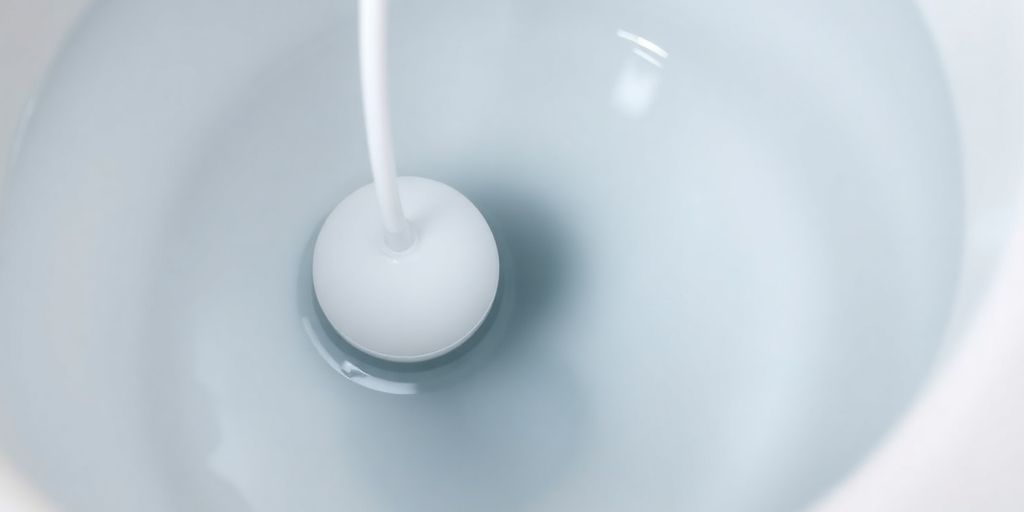 Close-up of toilet tank with float ball in water.