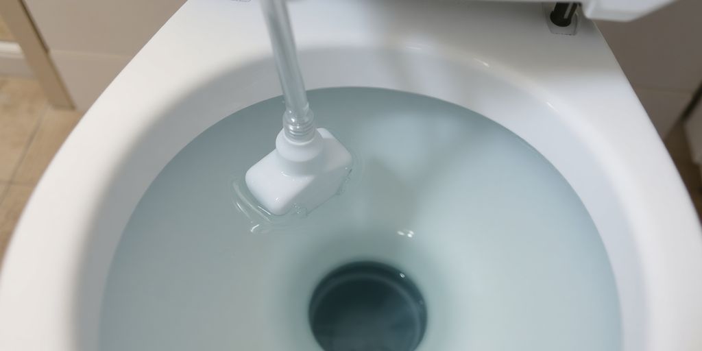 Toilet tank filling with water in a bathroom setting.