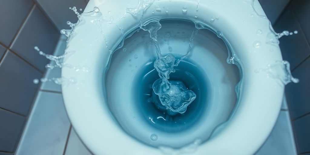 Overflowing toilet bowl with water splashing onto floor.