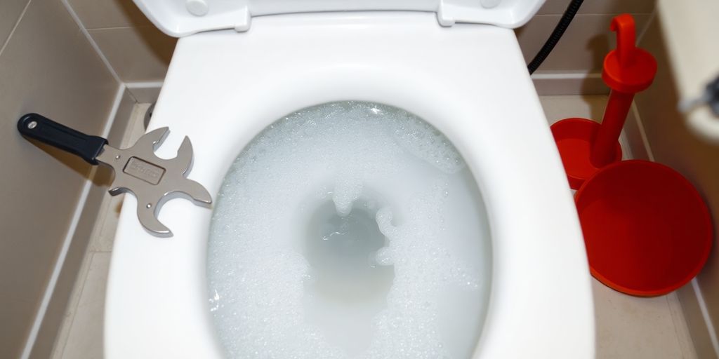 Toilet with bubbling water and plumbing tools nearby.