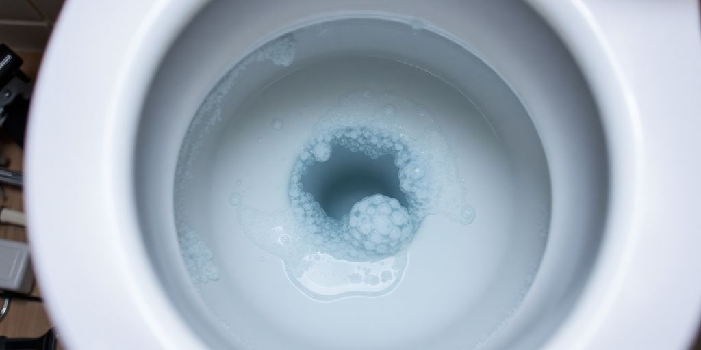 Bubbling water in a toilet bowl with tools nearby.