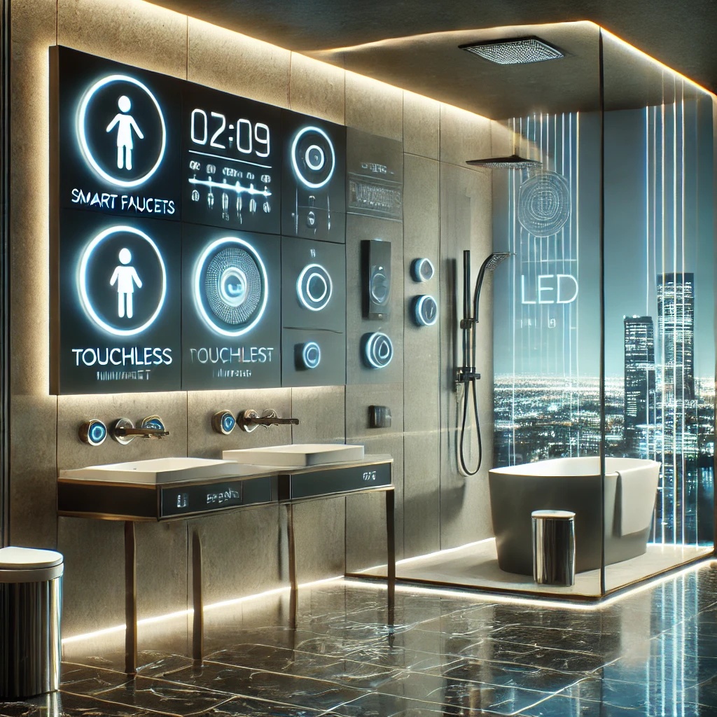 A high-end, futuristic bathroom renovation in Calgary featuring smart faucets, LED mirrors, a rainfall shower, and eco-friendly plumbing