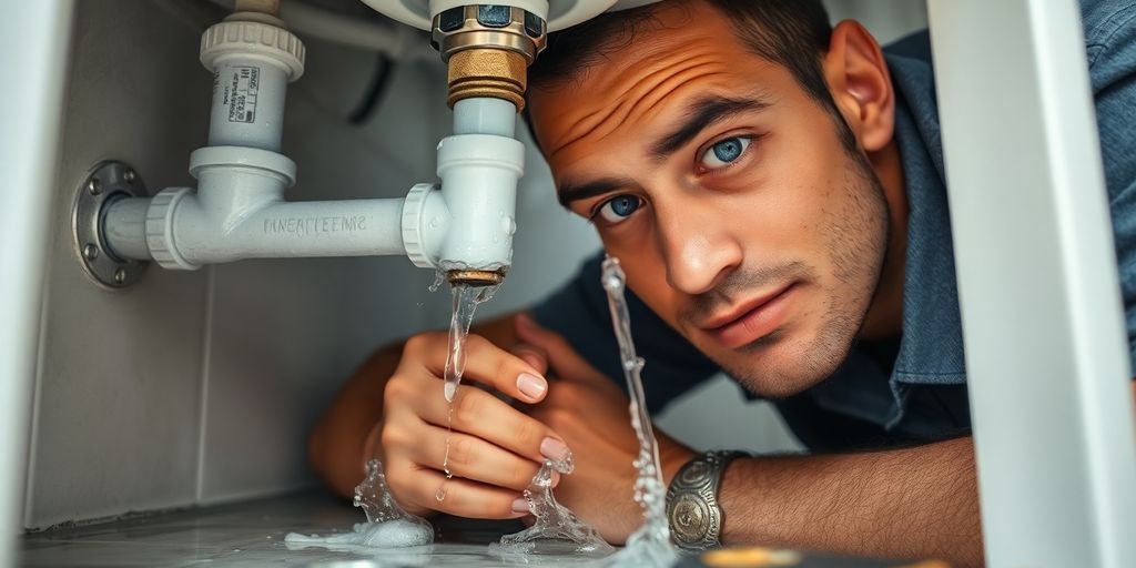 Plumber fixing a burst pipe under a sink.