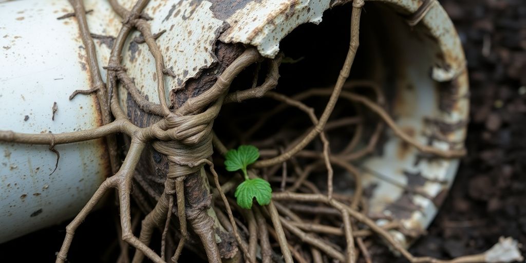 Tree roots invading a sewer pipe causing blockage.