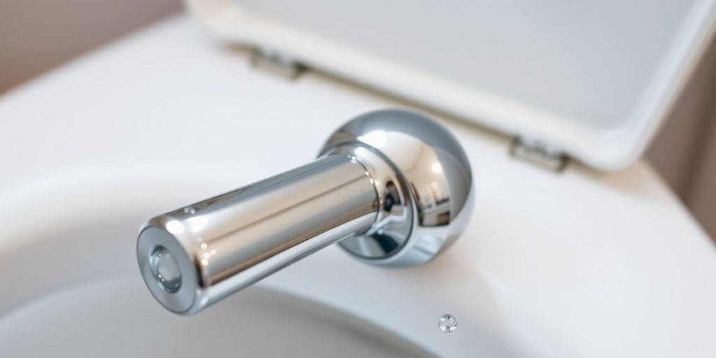 Close-up of a shiny toilet handle in focus.
