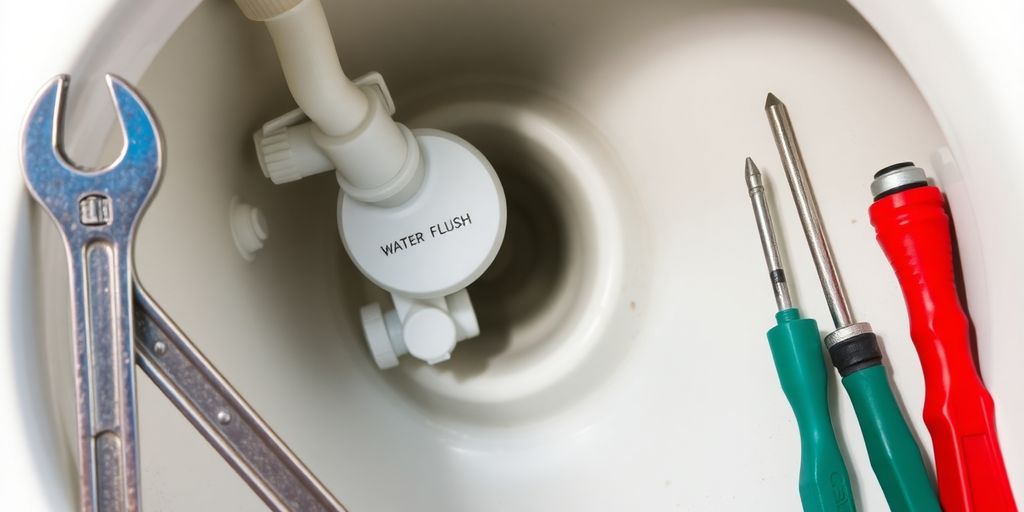 Tools beside an open toilet tank for repairs.