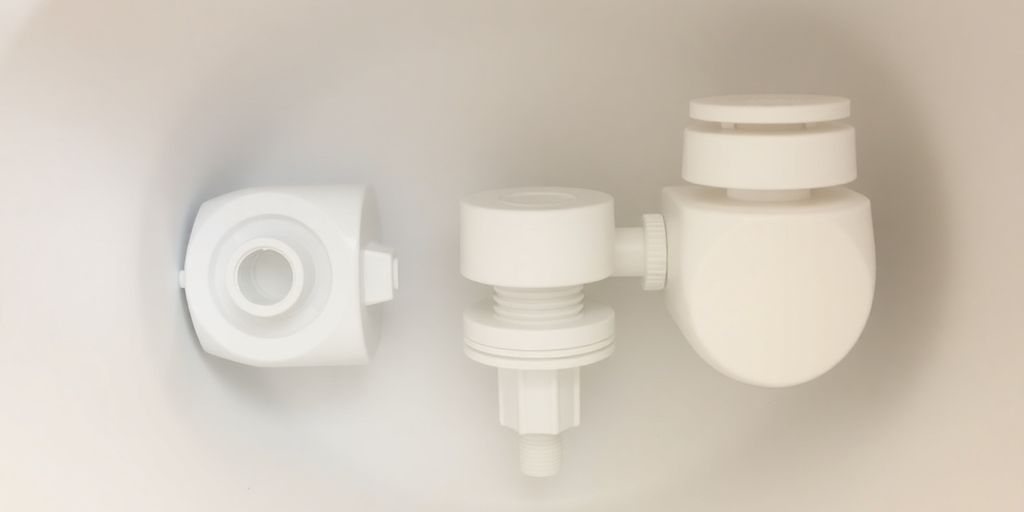 Close-up of toilet tank components and mechanisms.