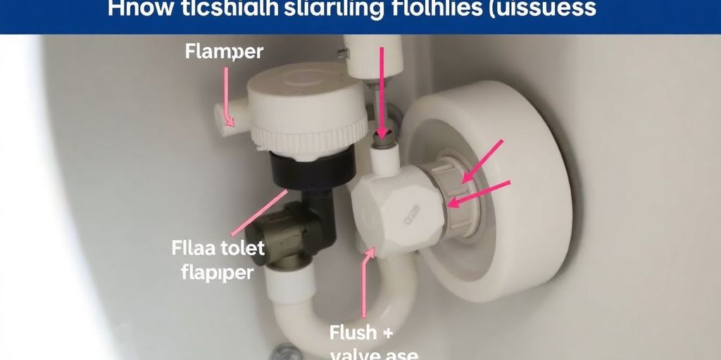 Close-up of toilet internal components for troubleshooting.