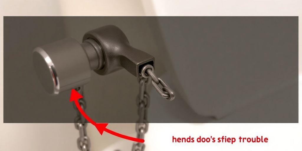 Close-up of a toilet flush handle and chain connection.