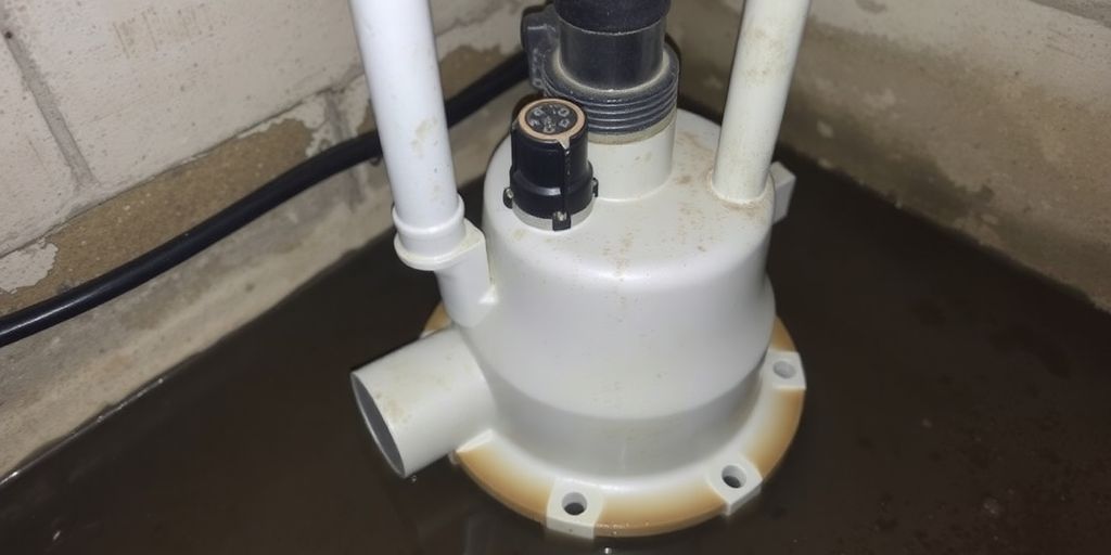 Close-up of a sump pump in a basement setting.