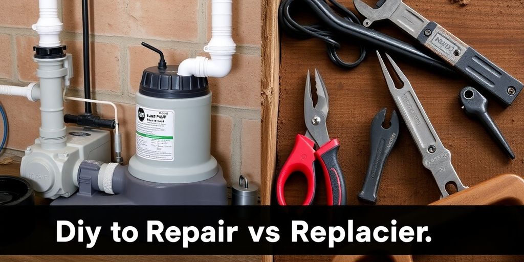 Sump pump installation with tools for repair in basement.