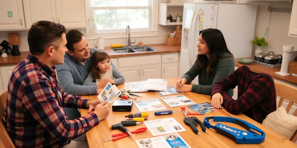 Family discussing plumbing care in a warm kitchen setting.