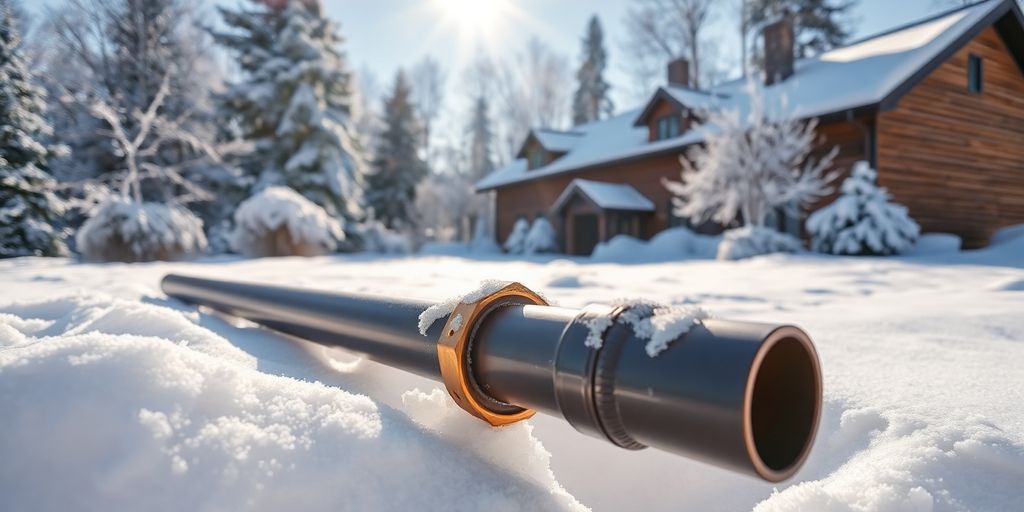 Snowy house with insulated pipes in winter setting.