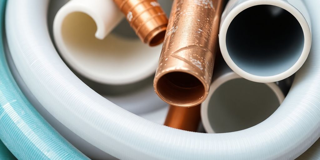 Three types of plumbing pipes: PEX, copper, and PVC.