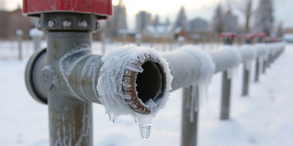 Frozen pipes in a snowy Calgary landscape.