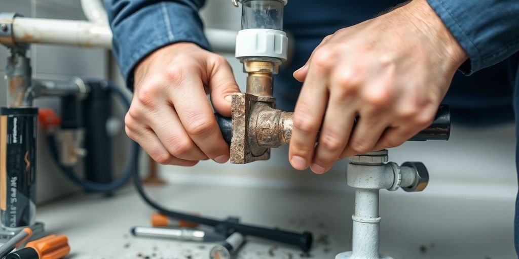 Plumber repairing a burst pipe with tools in hand.