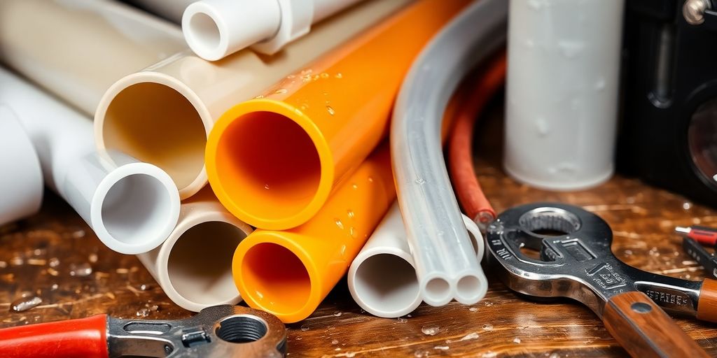 Close-up of pipe materials and repair tools on workbench.