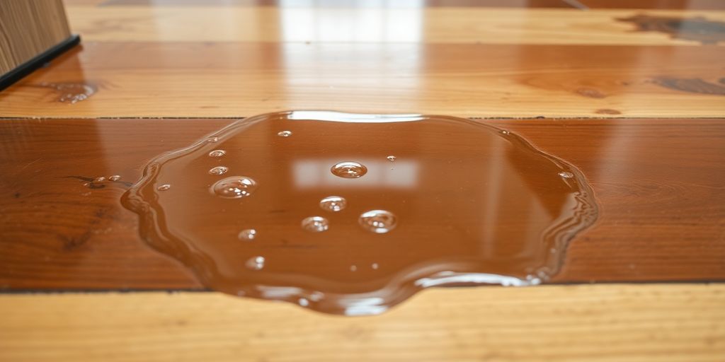 Puddle on wooden floor indicating possible water damage.
