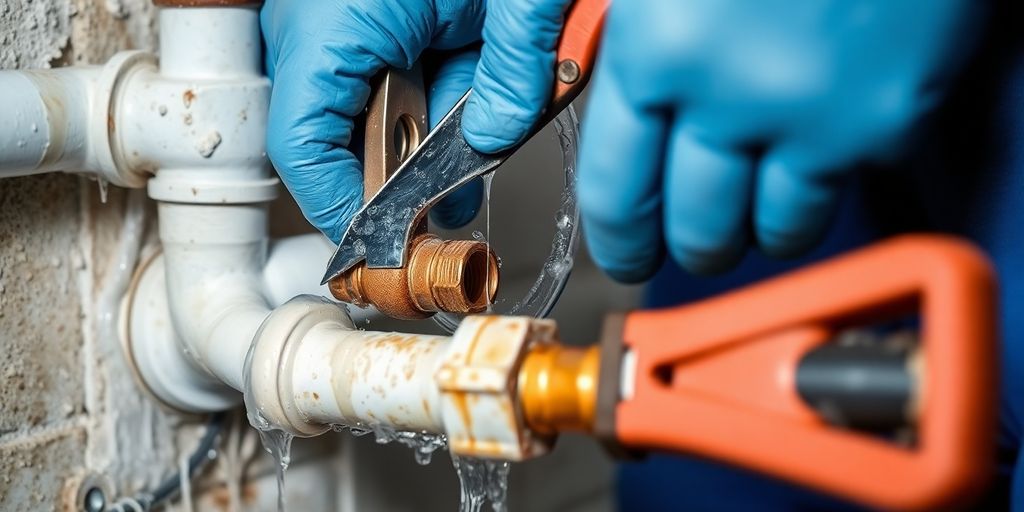 Plumber fixing a burst pipe in a home.