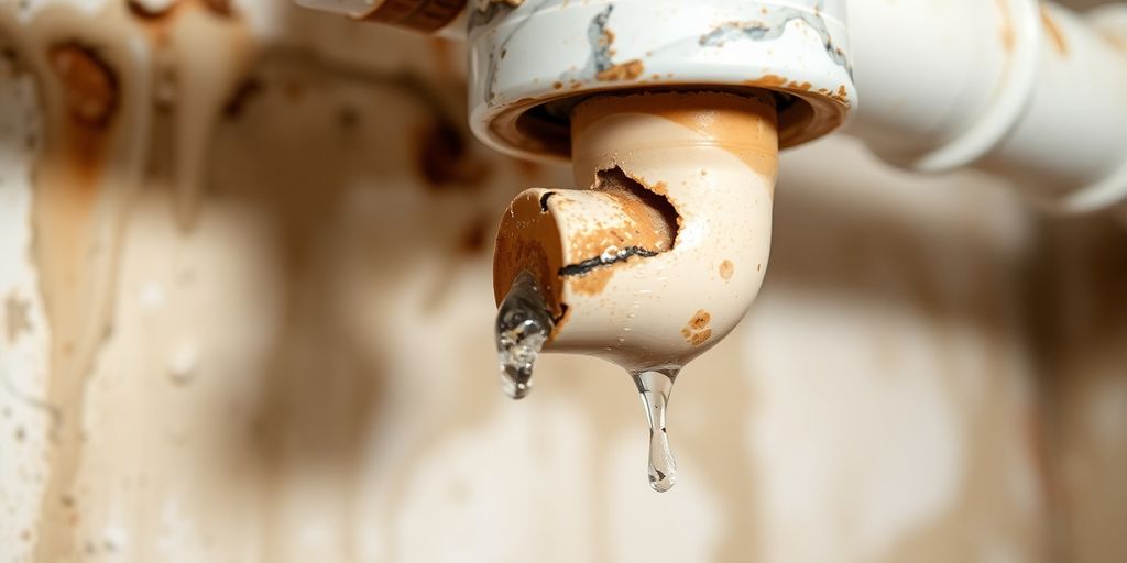 Cracked pipe with water leak and signs of damage.