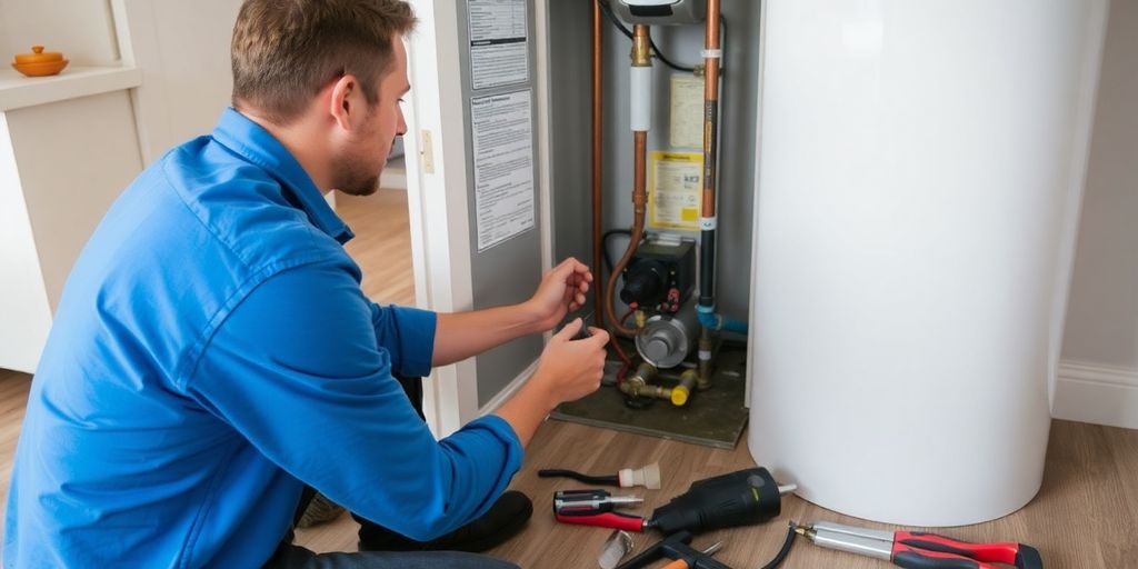 Technician repairing a broken water heater in a home.
