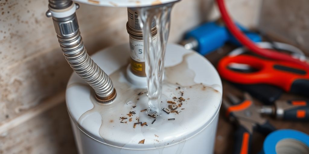 Broken water heater with tools nearby, urgent repair needed.