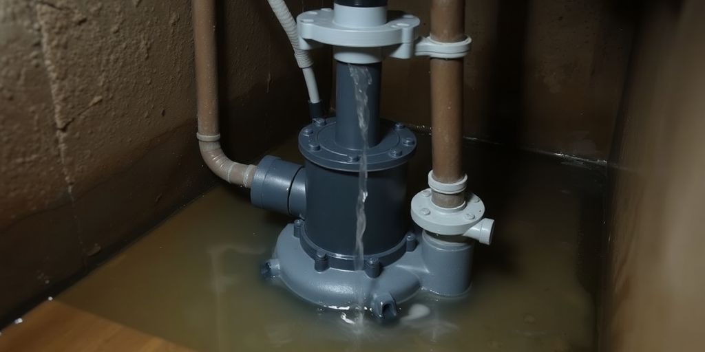 Close-up of a sump pump in a basement setting.