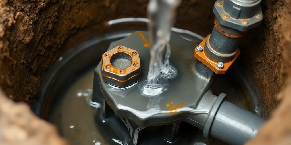 Sump pump with water flow and visible wear signs.