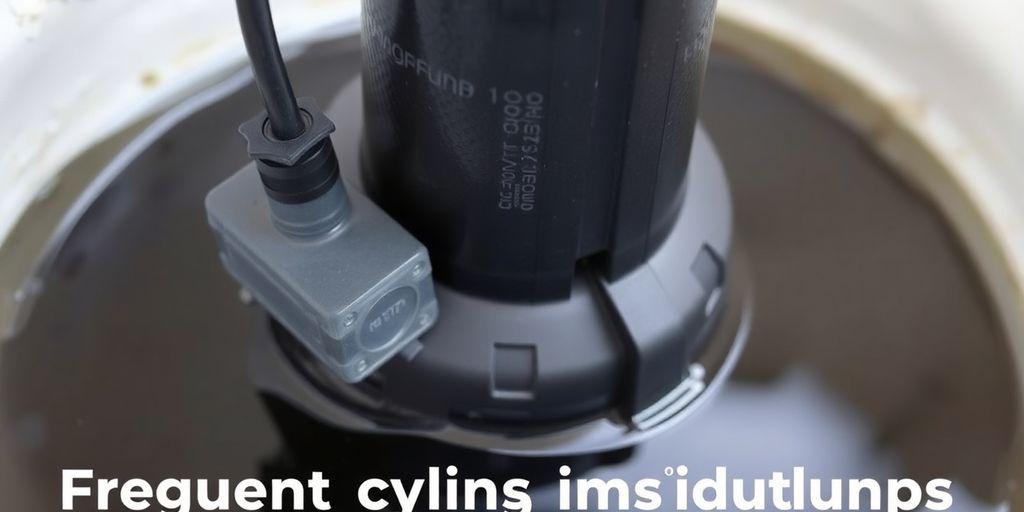 Close-up of a sump pump and float switch in water.