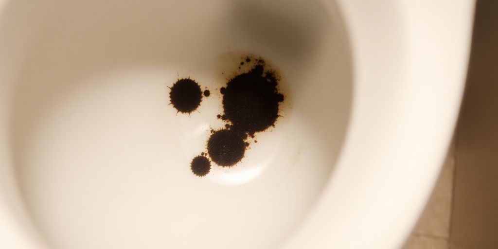 Close-up of black mold in a toilet bowl.