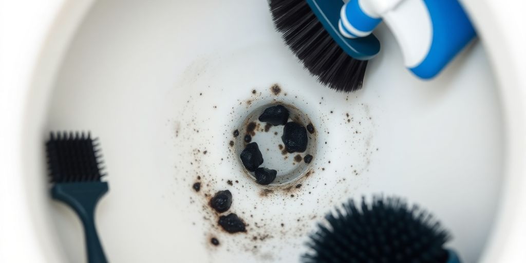 Close-up of toilet bowl with black mold presence.
