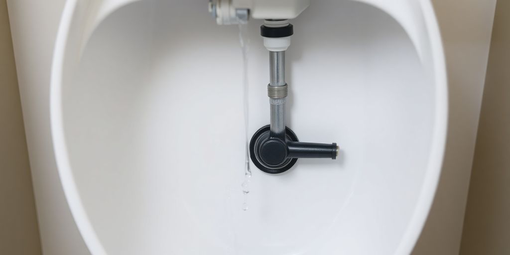Toilet tank showing flushing mechanism and water leak.