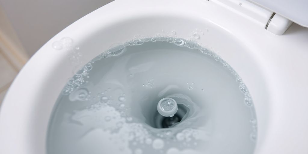 Gurgling toilet bowl with swirling water in a bathroom.