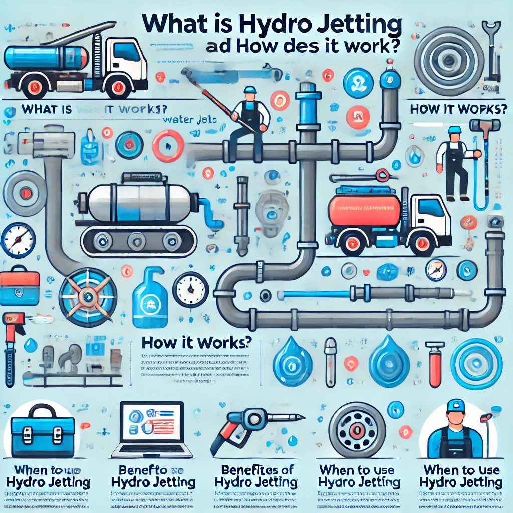 An infographic detailing the hydro jetting process, benefits, and when to use it for plumbing maintenance