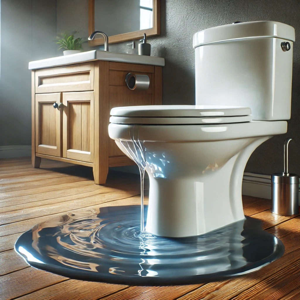 Leaking toilet with visible water pooling around the base, showing the need for professional toilet leak repair in Calgary