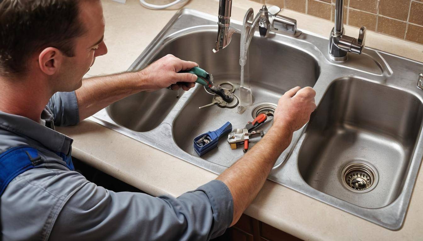 Skilled plumber fixing sink