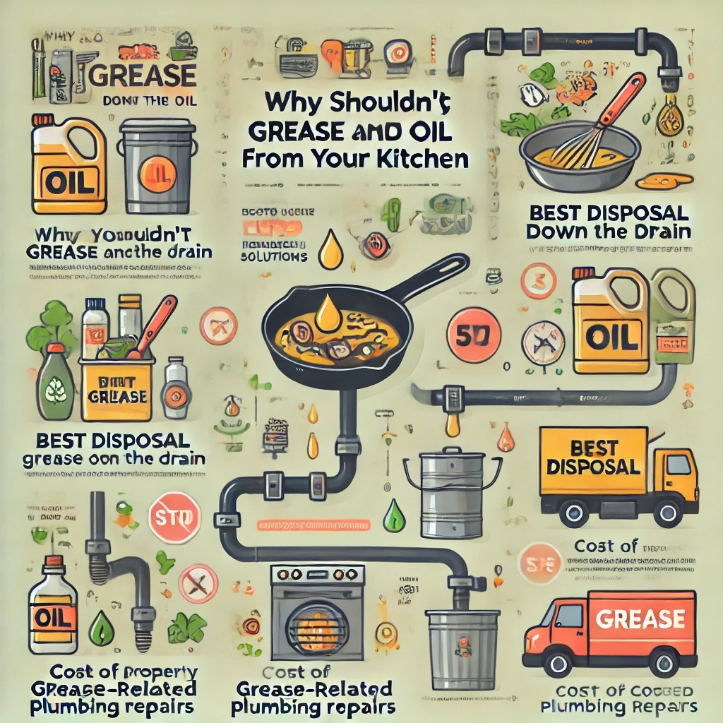 A homeowner pouring used cooking oil into a sealed container instead of the sink, with a clean kitchen environment