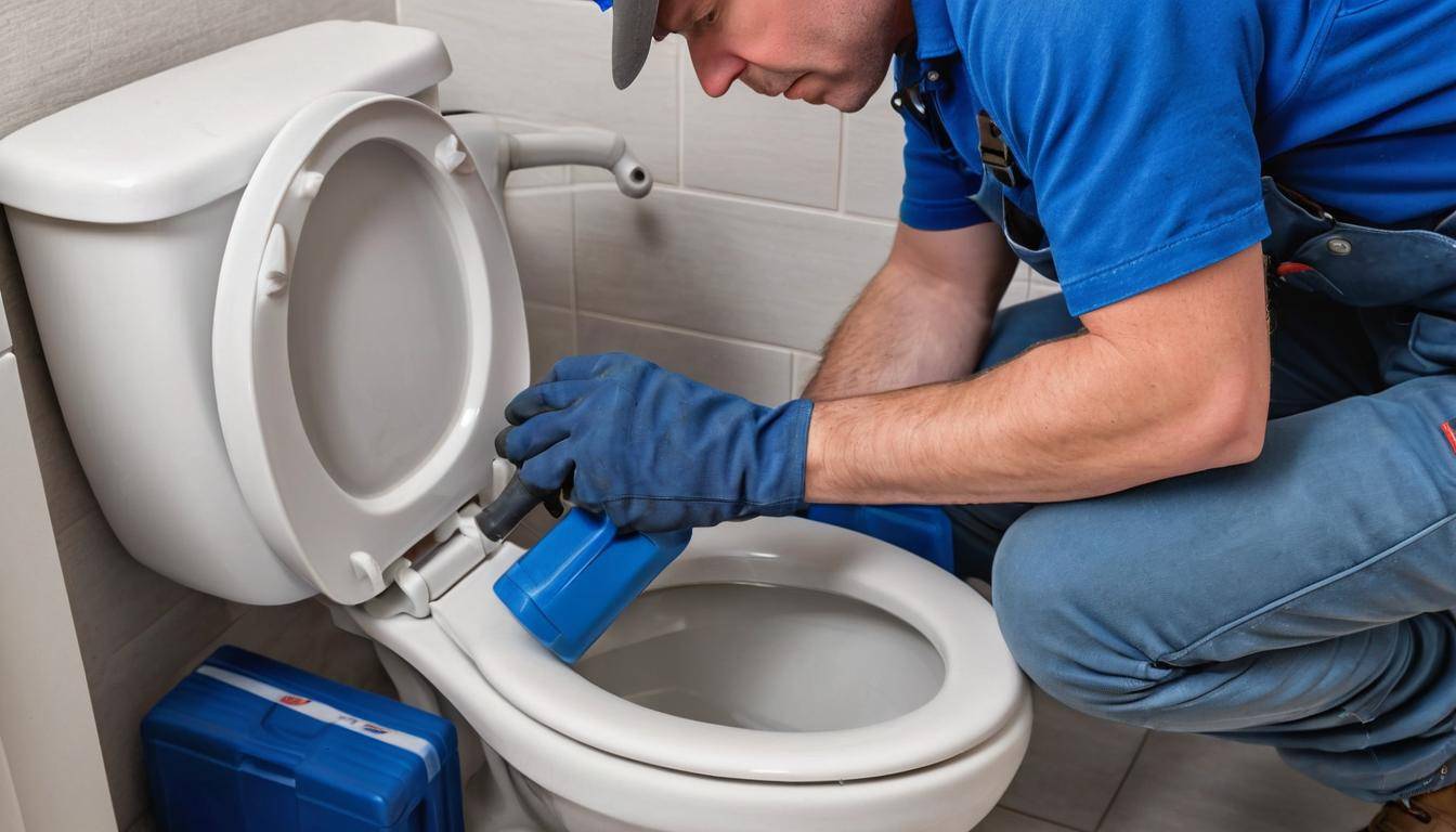 Plumber fixing leaky toilet
