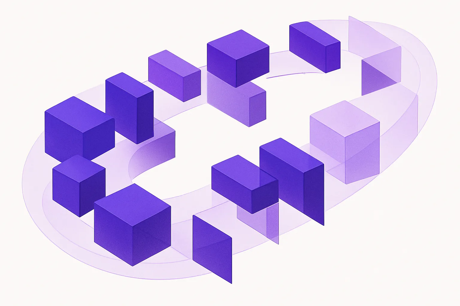 Abstract cover with interlocking blocks shifting into a new arrangement around a central flowing path