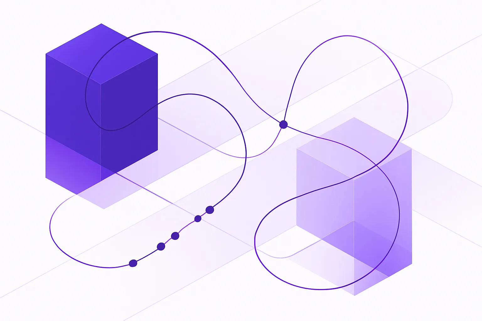 Abstract linked nodes flowing between three connected blocks, suggesting stock data moving across business systems