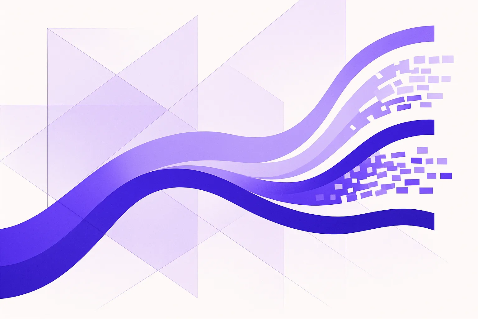 Abstract shapes flowing from a single stream and splitting into three separate channels of different widths