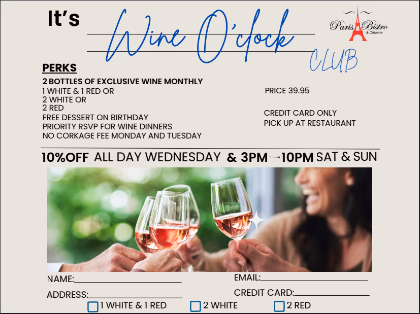 Whine O'clock Club flyer