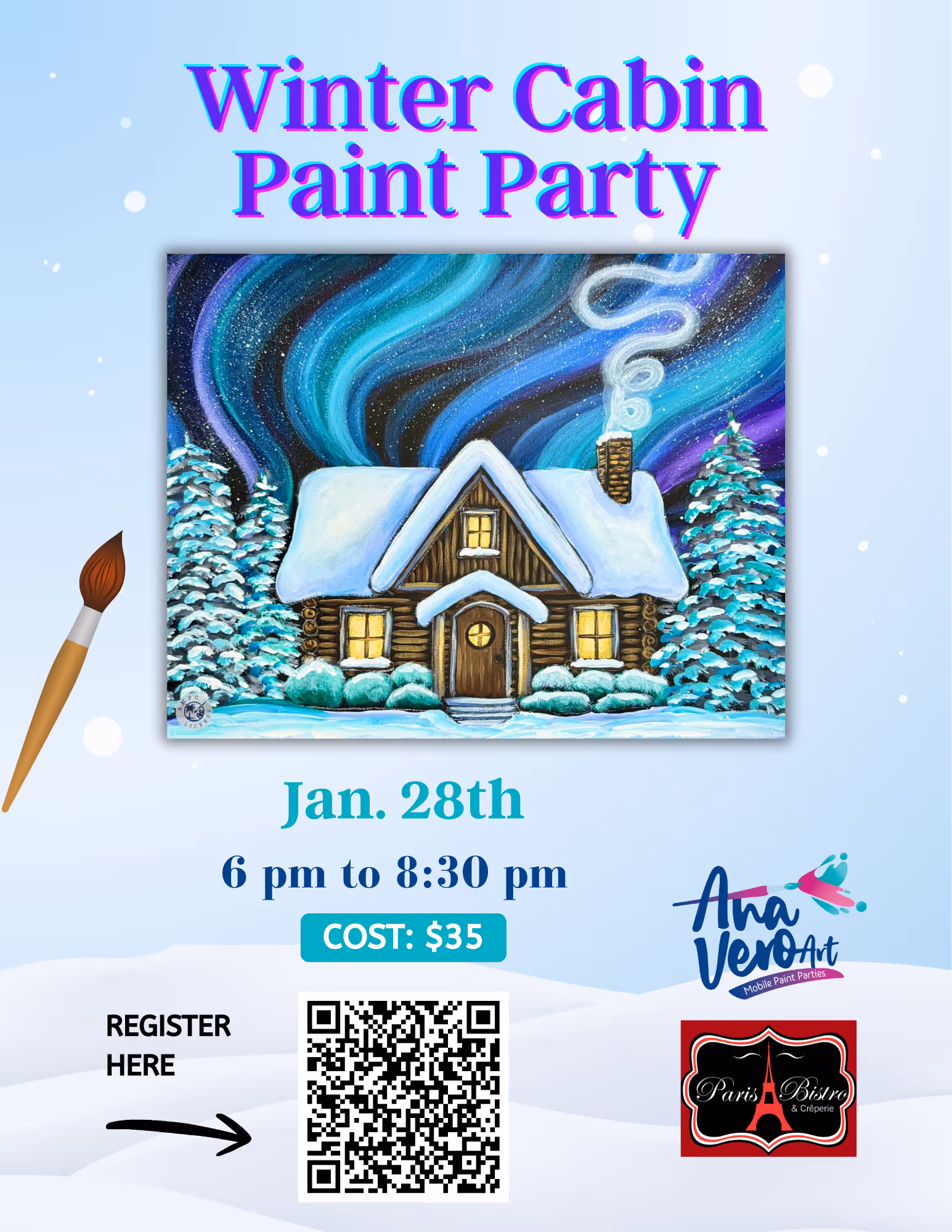 Winter Cabin Paint Party Flyer